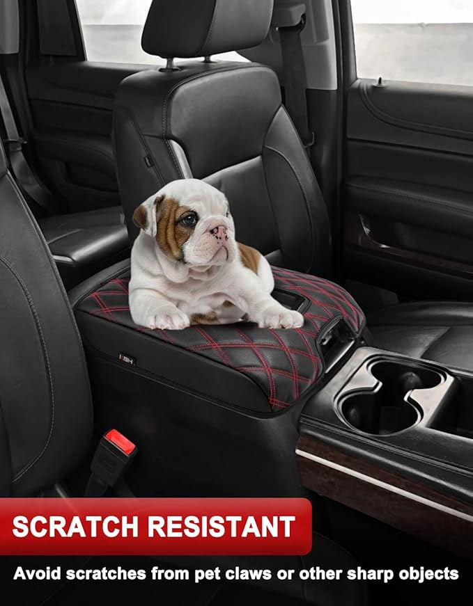 KBH Center Console Armrest Cover for Chevy Silverado & GMC Sierra 1500 2500 3500 2014-2018, Tahoe Suburban Yukon 2015-2020, Bucket Seat Console, Vinyl Leather, Black-Red Double Stitch
