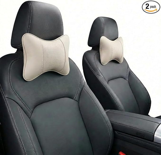 Car Pillow for Car Neck Pillow for Driving Seat Leather Neck Support Soft Cushion Support Head-Rests for Vehicle Sleeping with Elastic Adjustment Strap 2PCS (Neck, Beige)