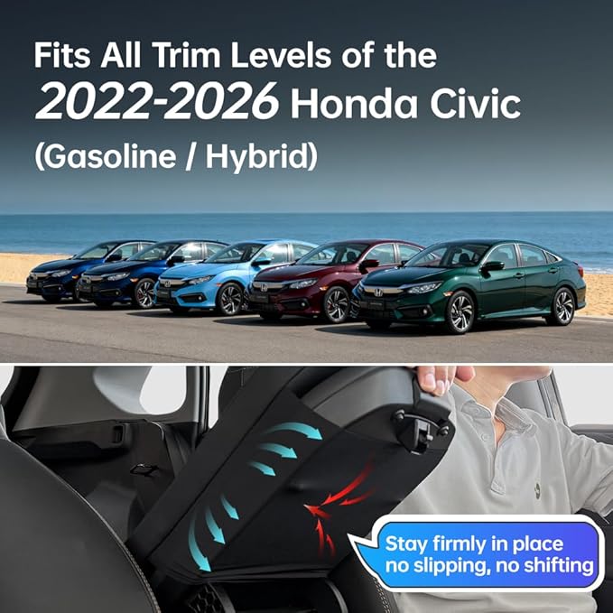 Civic Center Console Cover/Pad Fit 2022 2023 2024 2025 2026,Faux Leather Honda Civic Armrest mat,Posture Improving Support Cushion,Protector Console,Waterproof, Wear-Resistant,Flame-Retardant