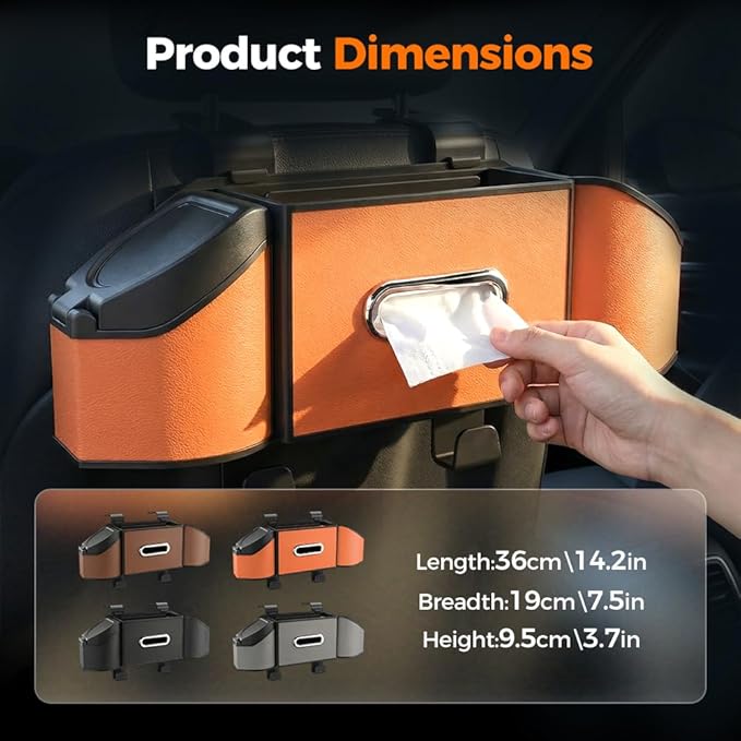 7-in-1 Car Backseat Organizer,Multifunctional Car Organizers and Storage Box with Cup Holder, Tissue Box,Trash Bin,Phone Mount and Hooks,Car Essentials Accessories for Women and Men (Brown)