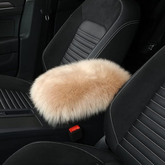 Sheepskin Armrest Cover Auto Center Armrest Cover Car Soft Console Pad, Fluffy Wool Auto Center Console Cover for Most Car Arm Rest Decoration Protector 9 x 14 Inch (Long Wool, Khaki)