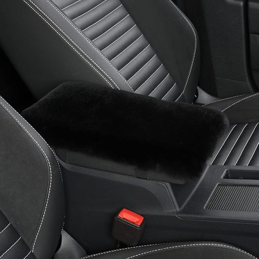 Sheepskin Armrest Cover Auto Center Armrest Cover Car Soft Console Pad, Fluffy Wool Auto Center Console Cover for Most Car Arm Rest Decoration Protector 7 x 13 Inch (Shearling, Black)