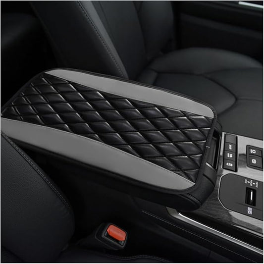 Car Center Console Cushion Pad, 12.6 × 7.48 Inches Waterproof Car Armrest Seat Box Cover, PU Leather Armrest Cover Protector for Most Vehicle, Universal Car Interior Accessories (Black+Gray)
