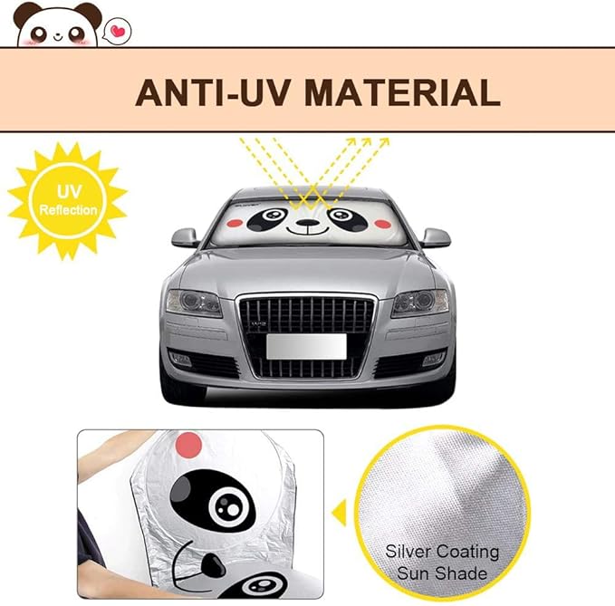 IC ICLOVER Car Windshield Sunshade with Pet Design, Cute Cartoon Design Front Auto Car Windshield Sun Shade Folding Silvering Sun Visor - UV Coating for UV Ray Deflector (Panda)