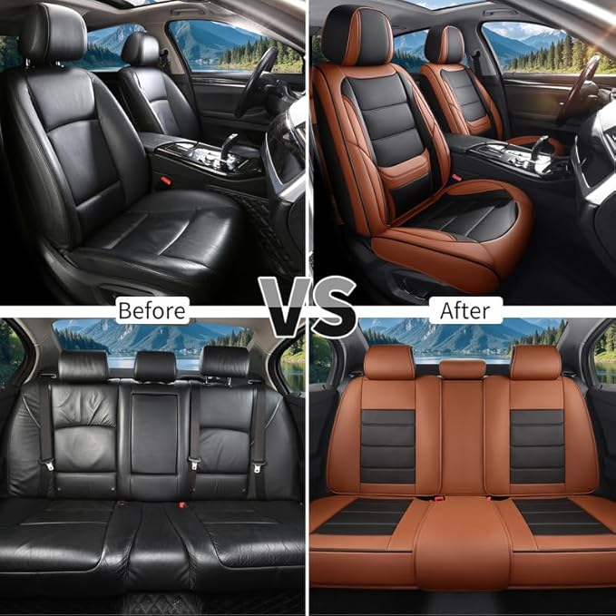 Car Seat Covers Full Set Custom Fit for Ford Maverick 2022-2026-Luxury Leather with Lumbar Support, Breathable, Waterproof, Anti-Slip, Durable, Easy to Install (BlackBrown,Full Set)