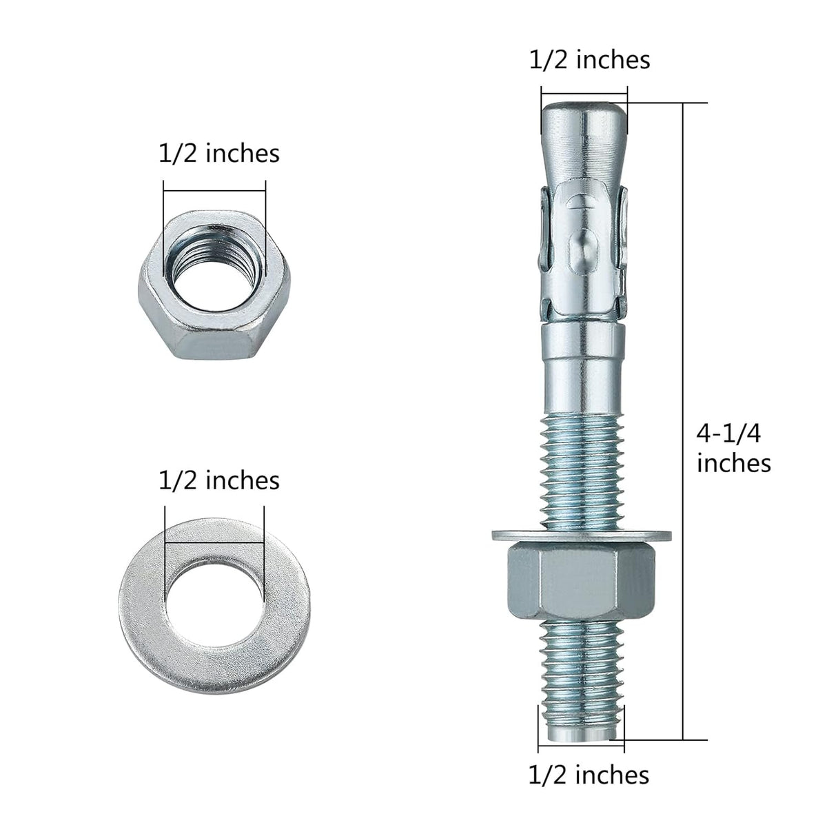 1/2x4-1/4" 50Pcs Inch Standard Fasteners for Heavy-Duty Zinc Wedge Anchors for Cement and Concrete
