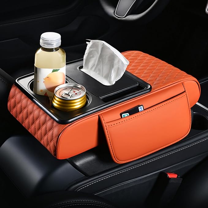 5-in-1 Car Armrest Pad Cushion, Water Ripple Embossed Center Console Booster Pad with Tissue Box, Cup Holder, Storage Bag, Phone Slot, Fit for Most Sedan Vehicles (Water Ripple Series, Orange)