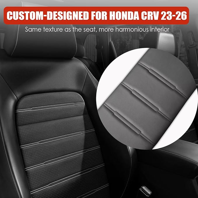 for Honda CRV 2026 2025 2024 2023 Center Console Cover - Vegan Leather Armrest Protector for Honda CR-V LX EX Sport Hybrid EX-L Sport Touring Hybrid Accessories 2023 2024 2025（Black Stitches）