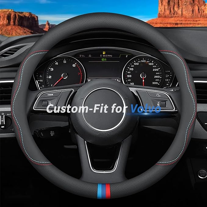 Custom-Fit for Volvo Steering Wheel Cover, Premium Leather Car Steering Wheel Cover with Logo, Non-Slip, Breathable (C-Style,for Volvo)