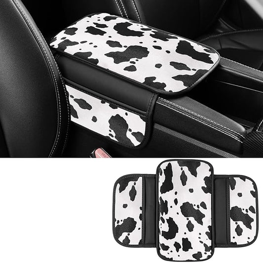 Dotesy Cow Pattern Car Center Console Cover,Microfiber Leather Car Armrest Cover Cushion with 2 Storage Bags,Universal Car Armrest Storage Box Car Interior Accessories for Most Vehicles (Black White)