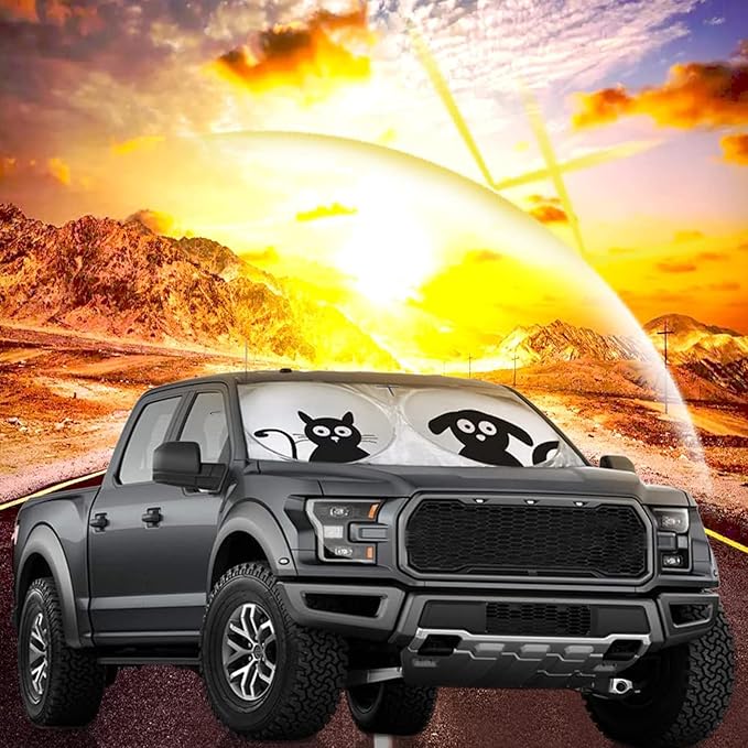 IC ICLOVER Car Windshield Sunshade with Pet Design, Cute Cartoon Design Front Auto Car Windshield Sun Shade Folding Silvering Sun Visor - UV Coating for UV Ray Deflector (Dog & Cat) -Large