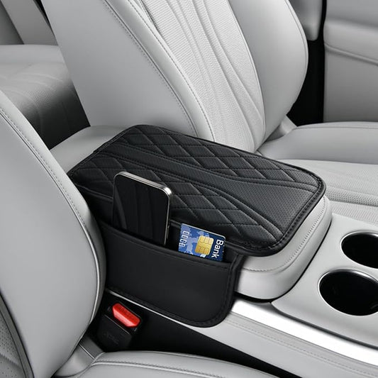 Car Center Console Cover with Storage Bags, Leather Armrest Pad Protector for SUV, Sedan, Truck Interior Accessories (Black)