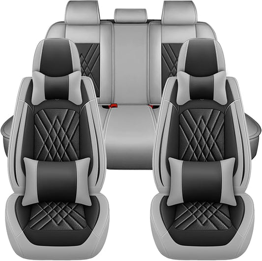Car Seat Covers Compatible with Toyota Camry 2012-2026 Durable Waterproof Automotive Seat Covers Stretchable Fabric Material,Airbag Compatibility,Premium Nappa Leather(Black Gray,Full Set with Pillow)
