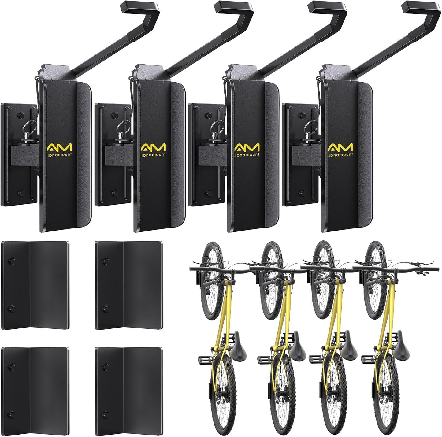 AM alphamount Swivel Bike Wall Mount, Metal Wall Bike Rack with Durable Sleeves, Space-Saving Vertical Bike Rack with 180° Swivel for Home and Garage, Bike Wall Mount Up to 66 lbs, 4-Pack