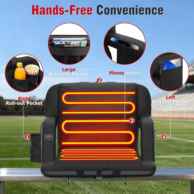 Suteck Extra Wide Heated Stadium Seats with Back Support, Portable Sofa Style Bleacher Chair with Back and Cushion, Armrest, Ideal for Outdoor Stadiums and Events -23" Wide 1 Pcs