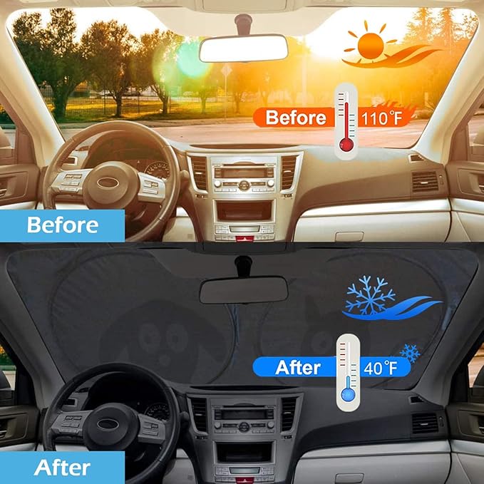 IC ICLOVER Car Windshield Sunshade with Pet Design, Cute Cartoon Design Front Auto Car Windshield Sun Shade Folding Silvering Sun Visor - UV Coating for UV Ray Deflector (Dog & Cat) -Large