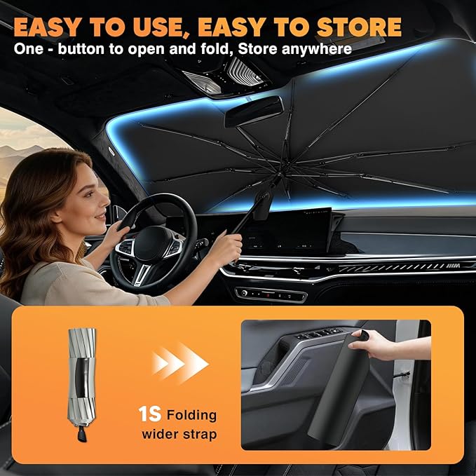 KUST Custom Fit Windshield Sun Shade Umbrella for 2015-2023 Ford Mustang | Foldable Sunshade with Bendable Handle | Blocks Heat & UV Scratch Resistant Keep Cool Sunshield