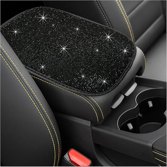 Bling Car Armrest Cover, 11.8"×8.5" Crystal Rhinestone Auto Center Console Protective Cover, Bling Charming Arm Rest Cushion Pad for Most Cars SUVs Trucks, Car Accessories (Black)