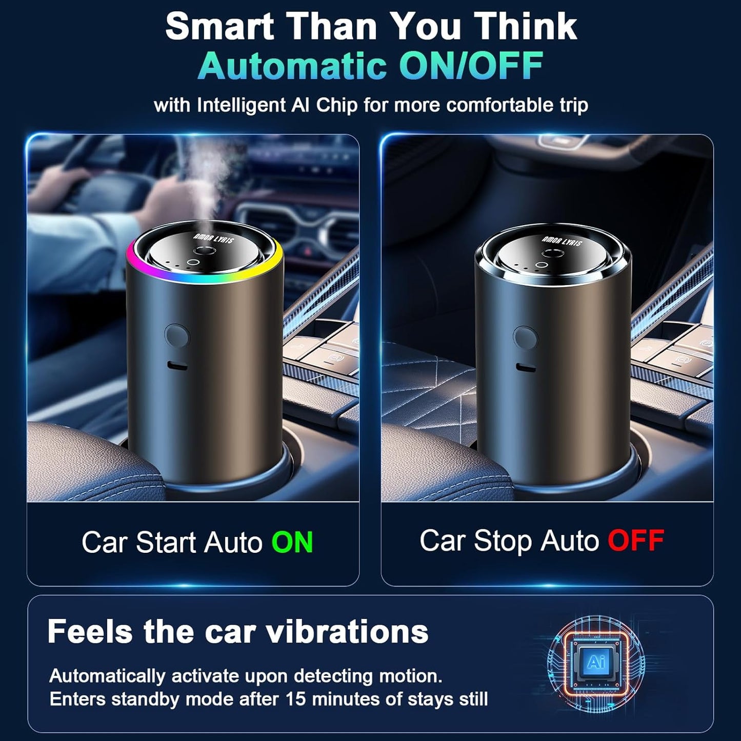 Smart Car Air Freshener Diffuser, Car Diffuser Air Fresheners Long Lasting with 100ml Capacity Essential Oil Last 6 Months, RGB Music Syncing Light, Auto On/Off, 5 Adjustable Car freshener, Freesia