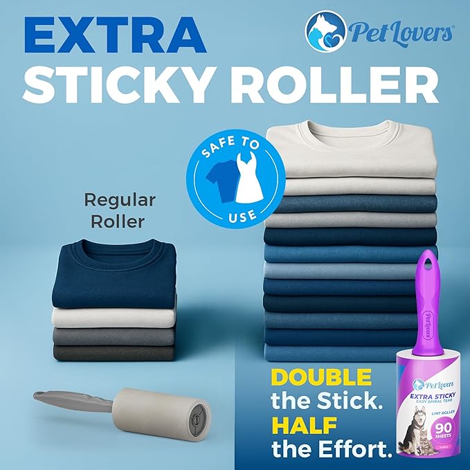 PetLovers Extra Sticky Lint Roller Mega Value Set 450 Sheets for Pet Hair Removal and Clothes, Dog and Cat Lint Remover 5 Pack Purple