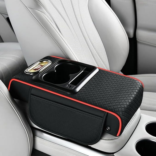 2026 Enhanced Car Center Console Armrest Cushion with USB& Type-C Charging, PU Leather Console Pad with Cup Holders, Storage& Tissue Outlet for Most Vehicles (Flat Version, Black-Red line)