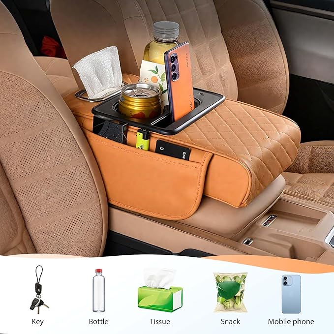 Multifunctional Car Armrest Cushion with Integrated Booster, 2026 Upgraded Universal Style Memory Cotton Car Armrest Box Pad, Car Center Console Armrest Pillow, with 2 Cup Holder (Beige)