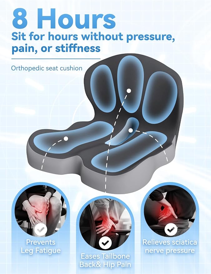 Orthopedic Cushion, Ergonomic Orthopedic Cushion for Tailbone Pain Relief, with Memory Foam, Car Seat Cushion with Waist Support, Non-Slip, Breathable, Washable Cover (Gray)