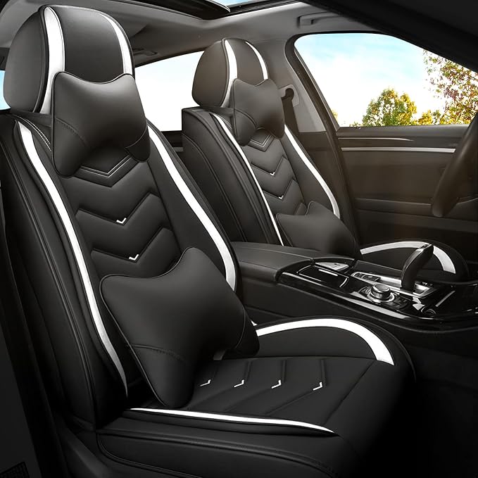 Car Seat Covers for Cadillac CTS 2003-2019, Premium Nappa Leather Car Seat Cover, Stylish Sport Seat Covers， Automobile Seat Cover Sets.(Luxury 2 Seats/Black White)