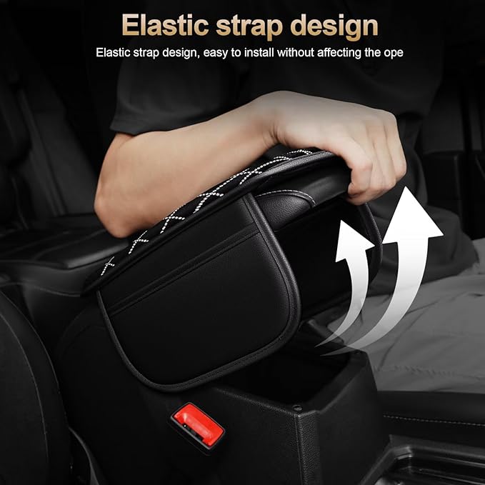Bling Center Console Cover with 2 Side Pockets Fit for Avalon Multi-Functional Car Armrest Cushion Diamond-Studded Rhombus Pattern Style(Black&Silver Diamond)
