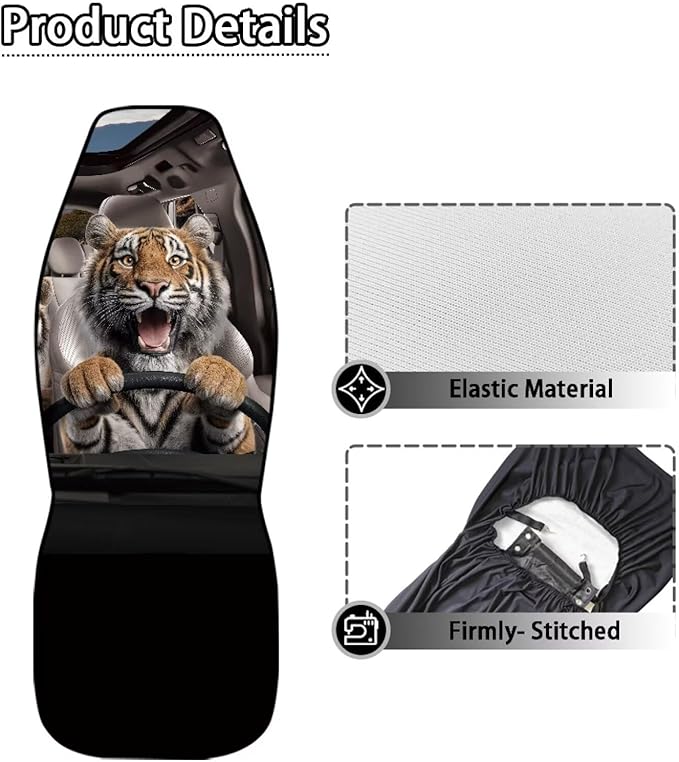 Funny Tiger Car Front Seat Cover Set Decorative Automotive Seat Cushion Covers Soft Front Bucket Seat Cover Fit Most Car Truck SUV Van for Men Women