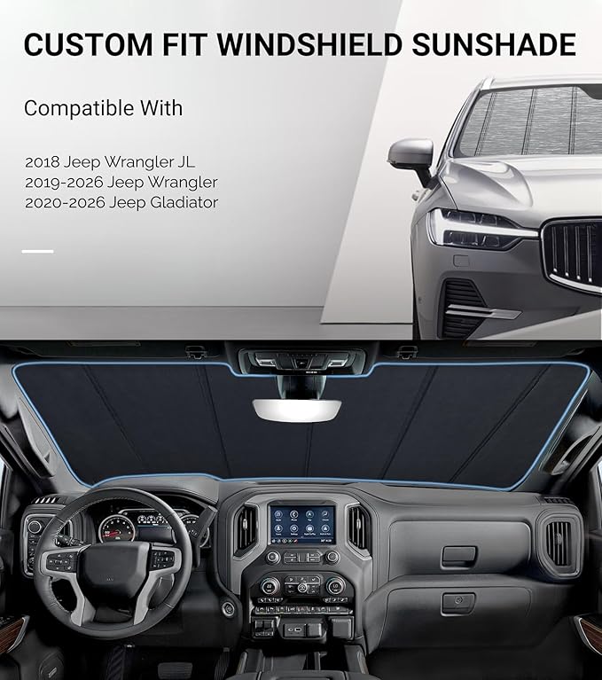 Windshield Sunshade for Jeep Wrangler JL 2018-2026, Gladiator 2020-2026 Front Window Shade- Metallic