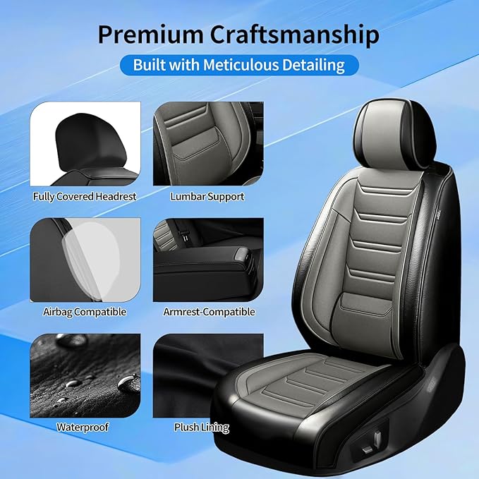 Fit Accord Car Seat Covers for Select Honda Accord 2012-2026, Luxury Full Coverage Leather, Airbag Compatible, Waterproof & All Weather Seat Protector, Front Pair Black+Gray