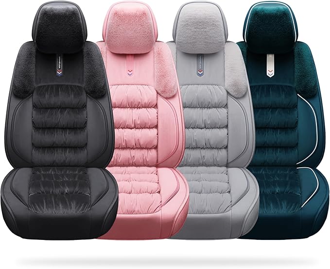 AOOG Fuzzy Car Seat Covers, Heated Bench Back Cushion Protector for Cars SUV Trucks(Full Set,Black)