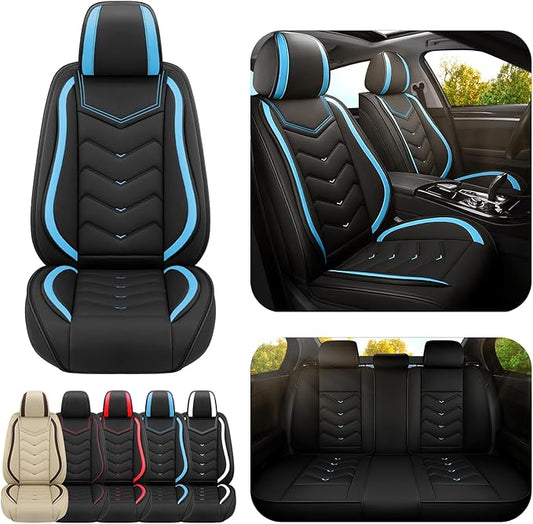 Car Seat Covers for Fiat 500 2012-2019, Premium Nappa Leather Car Seat Cover, Stylish Sport Seat Covers， Automobile Seat Cover Sets.(Standard 5 Seats/Black Blue)