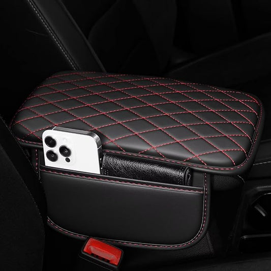 Upgraded Car Center Console Cover Fit for Tacoma Faux Leather Car Armrest Cover Cushion with 2 Storage Bags,Car Armrest Storage Box Interior Accessories(Black&Redline,F)