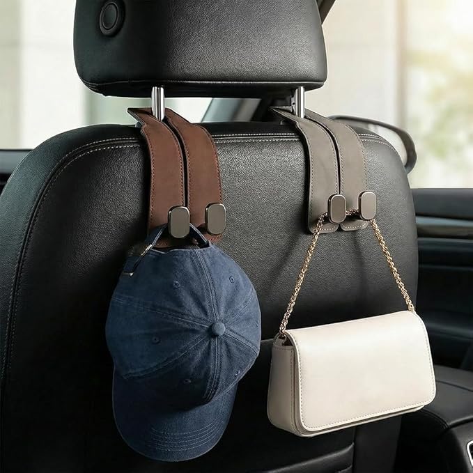 Car Seat Back Storage Hook, 2026 New Two Hook Fur Leather Seat Back Headrest Hanger Genuine Leather Double Metal Hook for Backseat Organizer, Car Organization Accessories (4, Black)