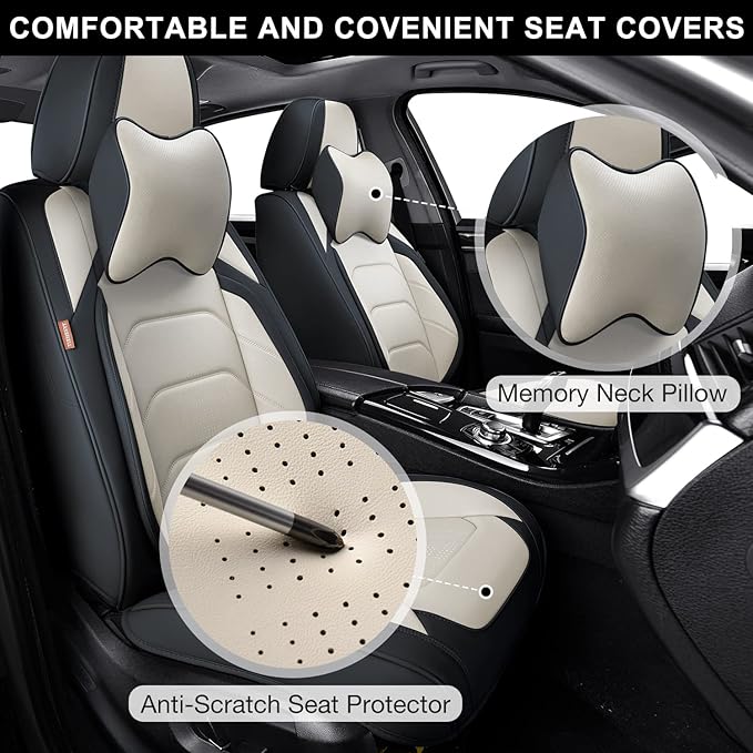 Car Seat Covers Full Set, Breathable Nappa Leather Car Seat Cushions, Auto Interiors Universal Fit for Most Cars, Compatible Automotive Vehicles(Sedan/SUV/Van), Black & White
