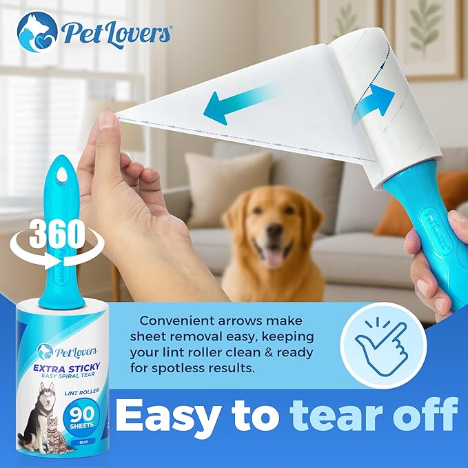 PetLovers Extra Sticky Lint Roller Mega Value Set 450 Sheets for Pet Hair Removal and Clothes, Dog and Cat Lint Remover 5 Pack Light Blue