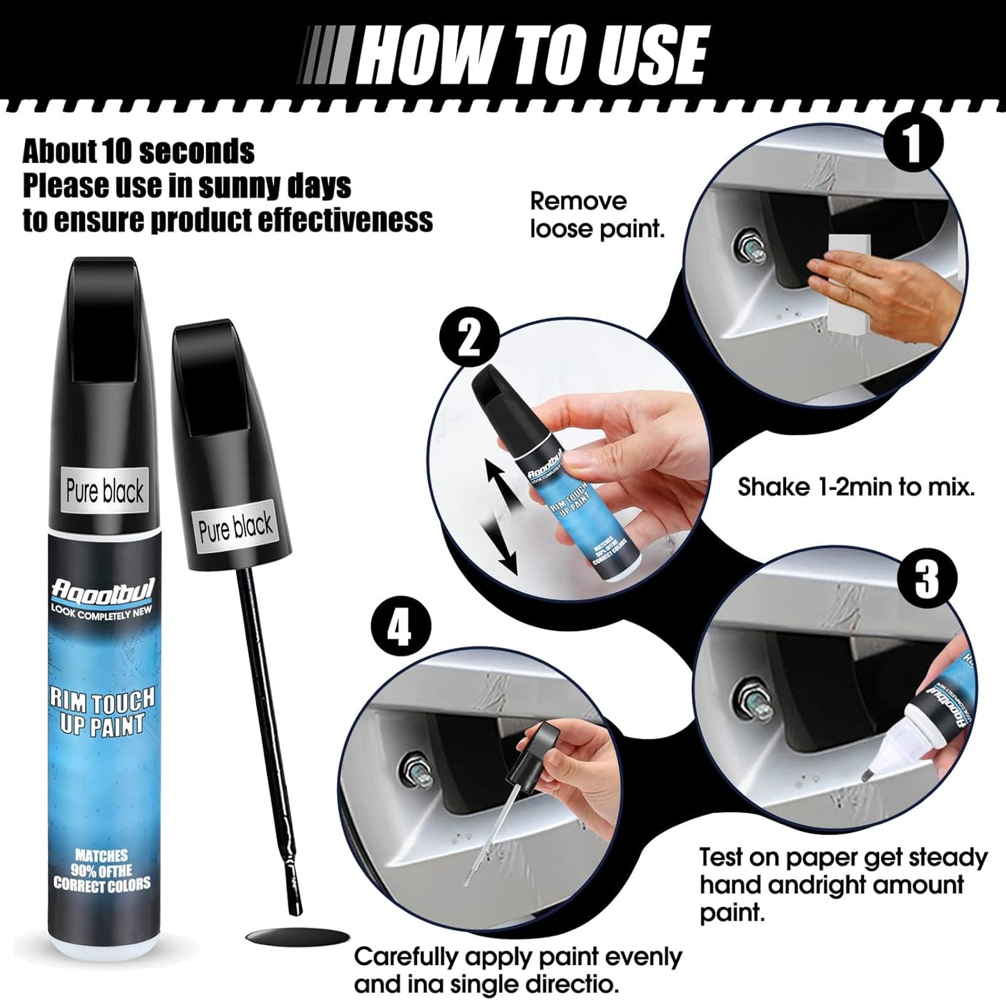 Pure Black Rim Touch Up Paint - Car Wheel Repair Kit Curb Rash, Gloss or Matte Black Rim Touch Up Paint, Quick And Easy Wheel Scratch Repair Kit, Wheel Repair Kit Curb Rash (Pure Black)