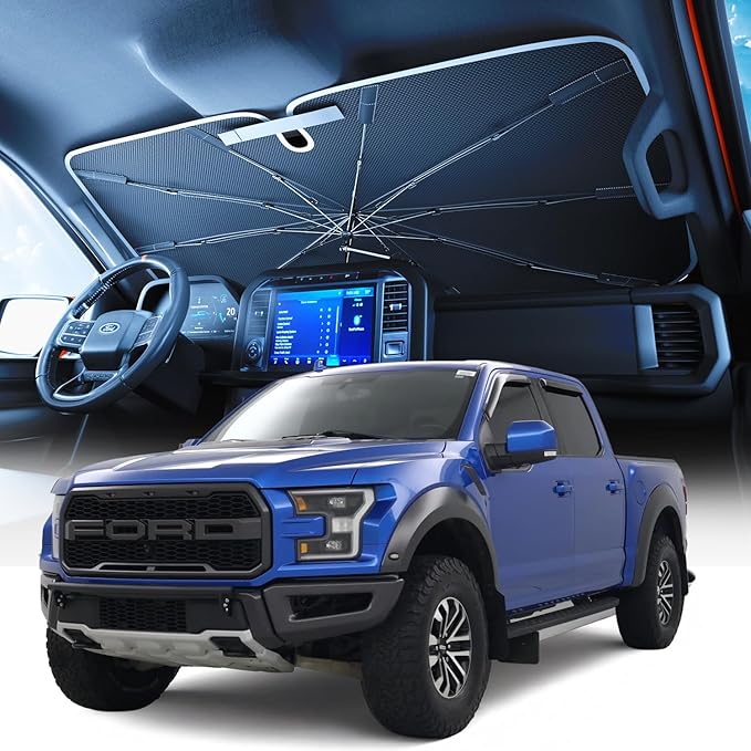 [2026 Upgraded] Weektic Truck Windshield Sun Shade for F-150/Silverado/Tundra/RAM 1500/Sierra - 5 Layers Ice Crystal Coating Blocks 99% UV, Cools Interior | 360° Swivel Handle for Easy Use