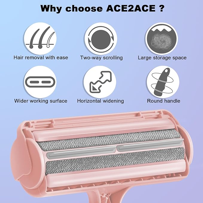ACE2ACE Pet Hair Removal Tool, Lint Roller Brush for Cats and Dogs, Reusable Self Clean Pet Fur Remover, Pet Hair Remover for Laundry, Carpet, Furniture, Couch, Sofa and Bedding (Pink)