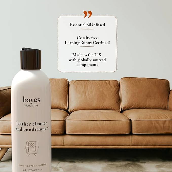 Bayes Premium High Performance Leather Upholstery Cleaner and Conditioner - 16 oz - Prevents Drying, Cracking or Fading of Leather Couches, Car Seats, Shoes, Purses, Pack of 2