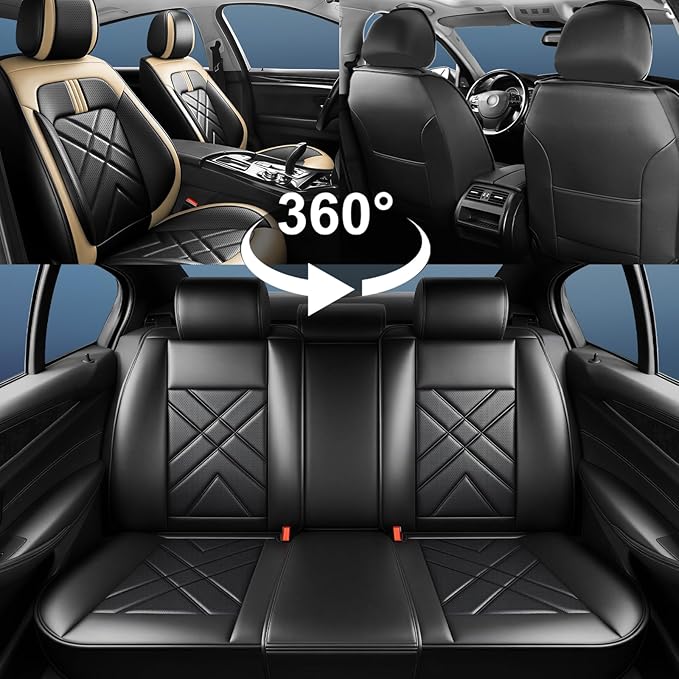 Car Seat Covers Fit for Mazda 3 2007-2026, Premium Leather, Full Coverage Leather Waterproof Breathable Seat Covers, Automotive Seat Protectors, Airbag Compatible(Full Set Seats, Black Beige)