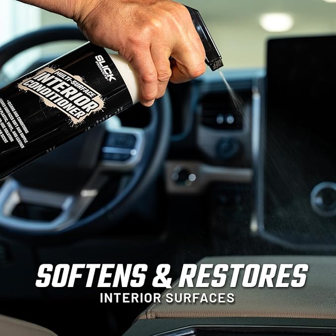 Slick Products Multi-Surface Interior Conditioner – Cleans & Conditions Vinyl, Plastic & Leather – Non-Greasy Car Interior Cleaner & Protectant – Fresh New Car Scent – 16 oz.