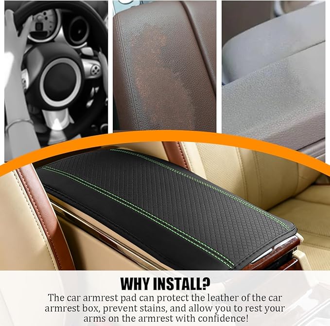 Car Center Console Cover, PU Leather Vehicle Armrest Seat Box Cover Protector, Comfortable Automotive Interior Arm Rest Cushion Pad Accessories, Universal for SUV Sedan Truck (Back/Green)