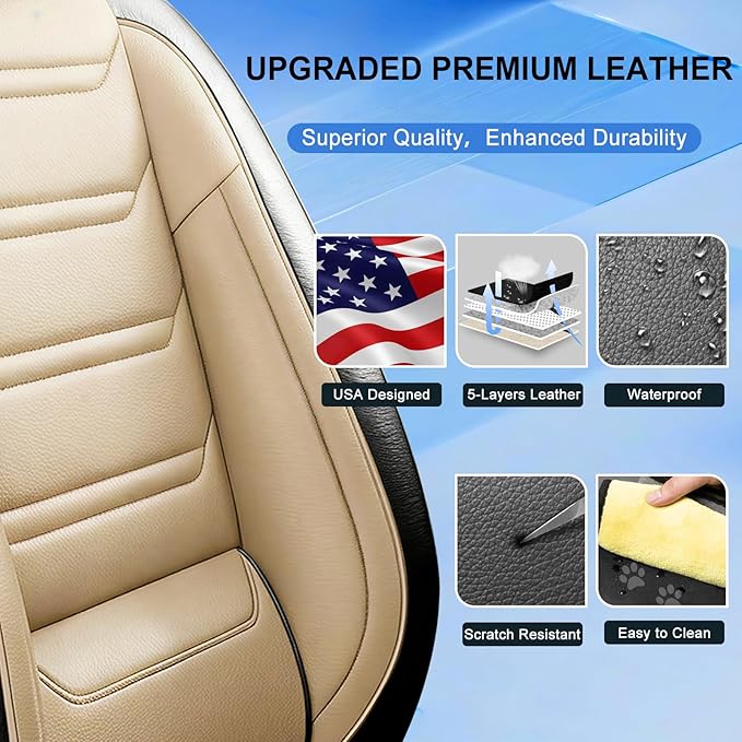Fit Mazda 6 Car Seat Covers for Select Mazda 6 2007-2021, Premium Full Coverage Leather, Airbag Compatible, Luxury Waterproof All Weather Seat Cushion Protector, Full Set, Black+Beige