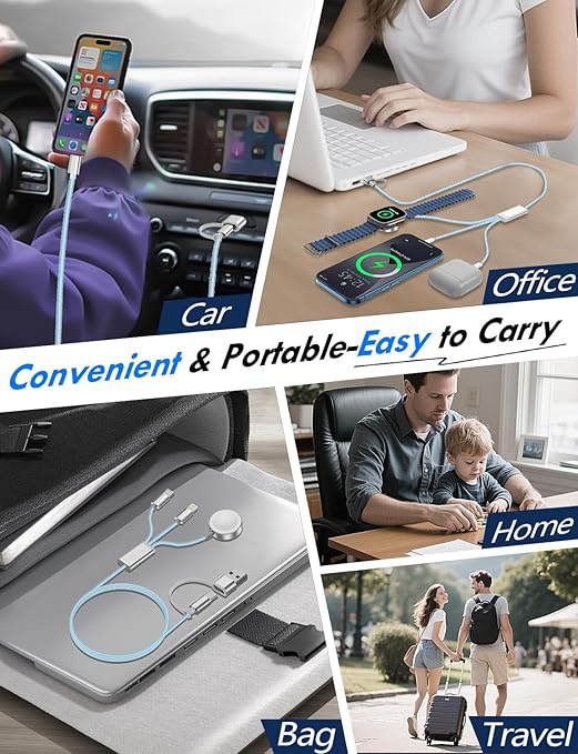 1Pack Multi Charging Cable Cord for Travel Essentials,Apple Watch Charger,iPhone Charger,[3-in-2] Type C/L Cable Portable Designed for iWatch,iPhone 17-8,Galaxy S25-21,AirPods,iPad-4FT Blue