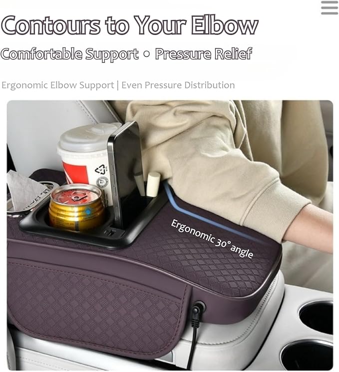 2026 Enhanced Car Center Console Armrest Cushion with USB& Type-C Charging, PU Leather Console Pad with Cup Holders, Storage& Tissue Outlet for Most Vehicles (Sloped Version, Plum Purple)