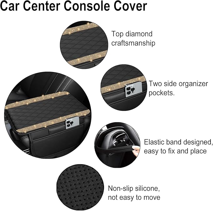 NBTEPEM Bling Car Center Console Cover, Leather Car Arm Rest Cover Cushion with 2 Storage Bags, Universal Auto Armrest Protector, Bling Accessories Interior for Most Vehicles(Gold Champagne Diamond)
