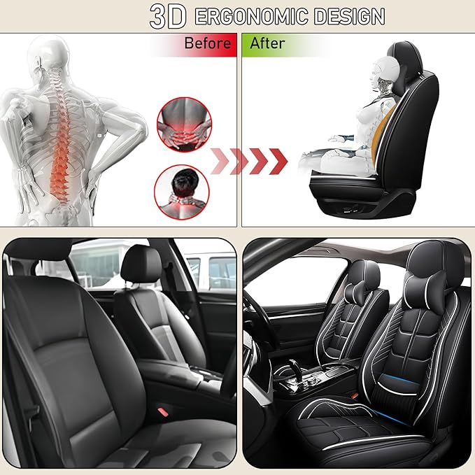Leather Car Seat Covers Fit for Toyota Matrix 2003-2013, 5 Seater Car Seat Cover, Premium Waterproof, Scratch Resistant Car Interior Accessories (Full Set with Pillow Black White)